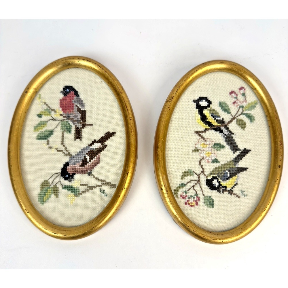 Petit Point Birds Needlepoint Framed Birds On A Branch Set 2 Framed
